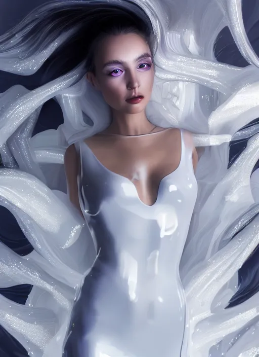Prompt: an energetic nubile young woman with sparkles in her eyes and long dark hair, painted in futuristic white latex, billowing dress, clear skin, elegant, graceful, fashionable, cinematic, hyperdetailed illustration by irakli nadar and alexandre ferra, depth of field, global illumination,