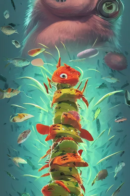 Image similar to 3 d render creature animal sushi cristal very big eye roots cactus elemental flush of force nature micro world fluo fishscale, comics gta 5 cover, official fanart behance hd artstation by jesper ejsing, by rhads, makoto shinkai and lois van baarle, ilya kuvshinov, ossdraws