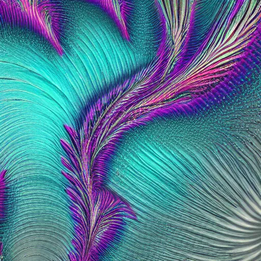 Prompt: an highly detailed irregular warped fractal of feathers by Chad Knight, background of outer space neon nebulas by Pilar Gogar, 8k hdr octane render