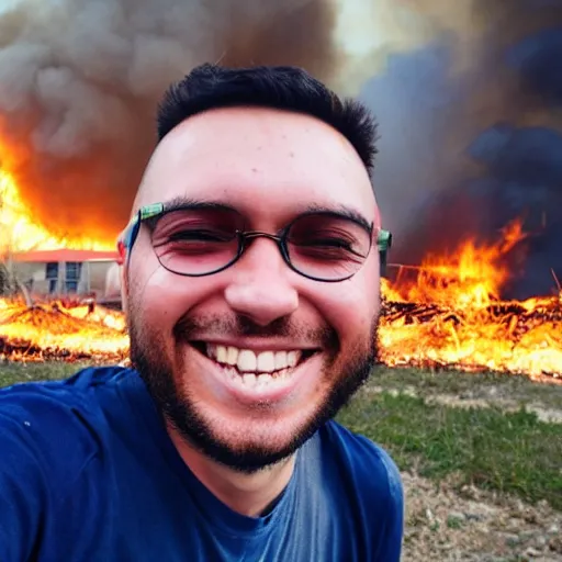 Prompt: a selfie of a guy smiling while fire consumes everything around him