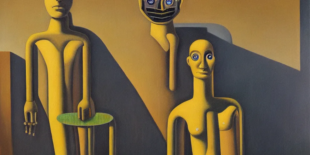 Image similar to super - intelligent robot with kind eyes portrait, grant wood, pj crook, edward hopper, oil on canvas