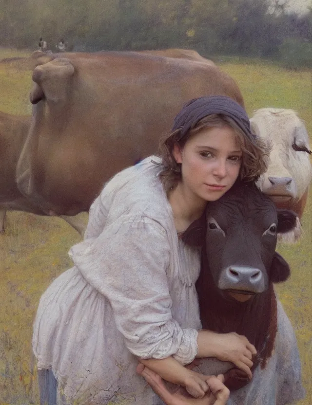 Image similar to portrait of peasant girl hugging a cow on a farm, cottage core, cinematic focus, polaroid photo bleached vintage pastel colors high - key lighting, soft lights, foggy, by steve hanks, by lisa yuskavage, by serov valentin, by tarkovsky, 8 k render, detailed, oil on canvas