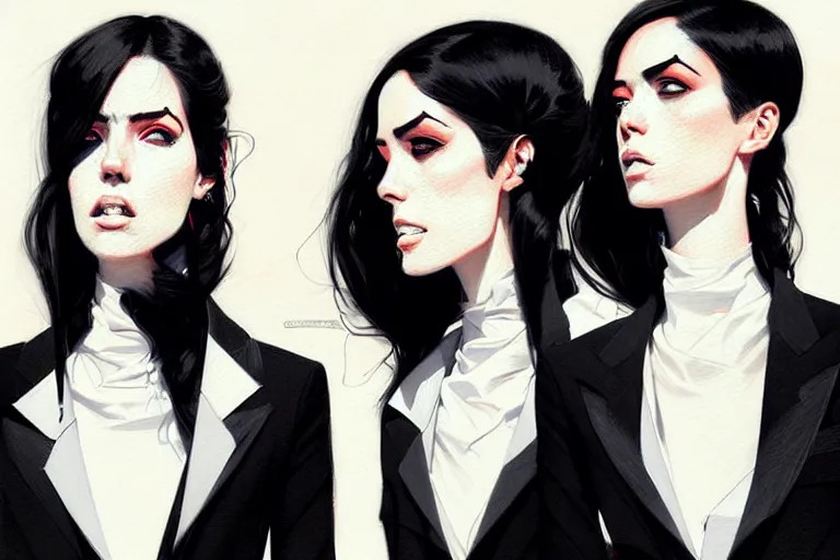 Image similar to a ultradetailed portrait painting of three women in black suits, by conrad roset, greg rutkowski and makoto shinkai trending on artstation