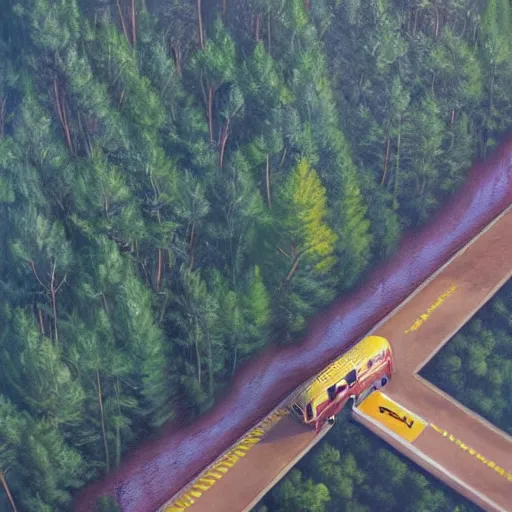 Image similar to a bus with wings [ flying above a forest and lake ], [ oil painting ]!!, trending on cgsociety, 4 k