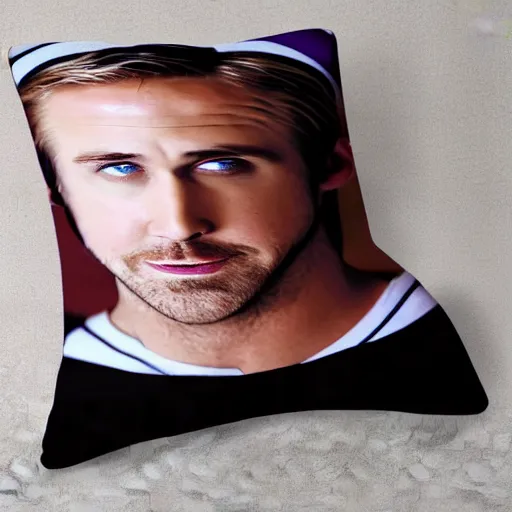 Image similar to Ryan Gosling body pillow, photography, bedroom,