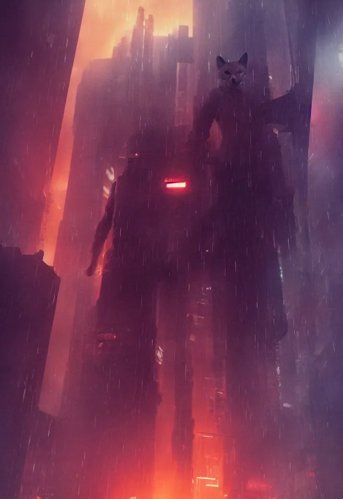 Image similar to anthro fox furry in Blade Runner: 2049, wearing a leather uniform, city streets, fursona, anthropomorphic, furry fandom, film still