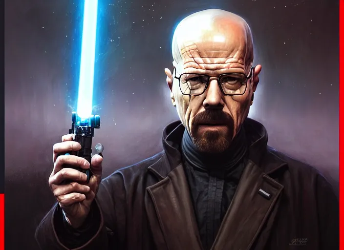 Image similar to wideangle!! portrait shot of heisenberg as a sith in star wars, intricate, elegant, highly detailed, centered, digital painting, artstation, concept art, smooth, sharp focus, illustration, artgerm, tomasz alen kopera, peter mohrbacher, donato giancola, joseph christian leyendecker, wlop, boris vallejo