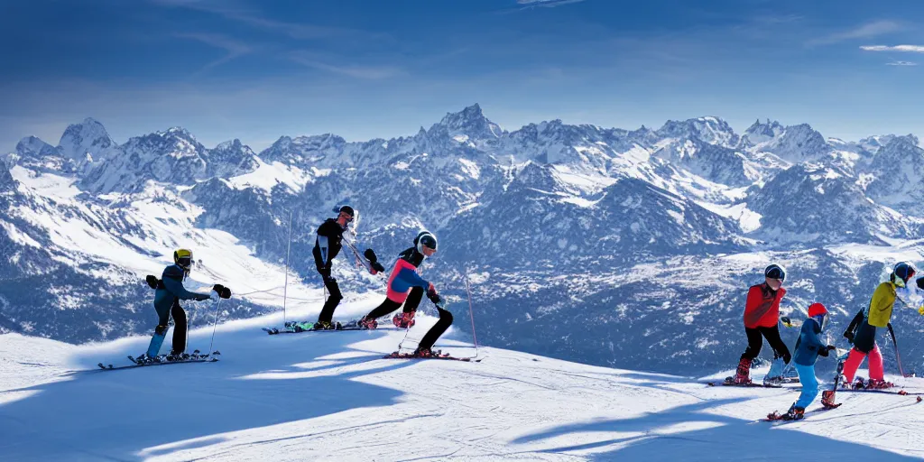 Image similar to snowy mountains, skiers skiing at background, clear weather, 8 k