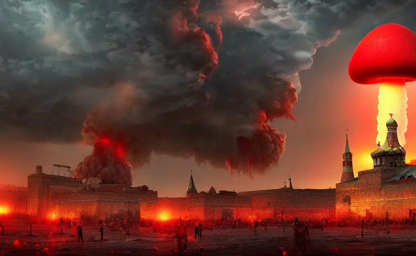 Prompt: nuclear explosion with realistic nuclear mushroom in Red Square Kremlin, cinematic shot, extremely high detail, photo realistic, cinematic lighting, post processed, artstation, matte painting, digital painting