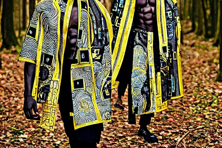 Image similar to versace avant garde male toga intricate textiles streetwear cyberpunk african american black skin in the woods overcast late evening dramatic 3 5 mm professional color