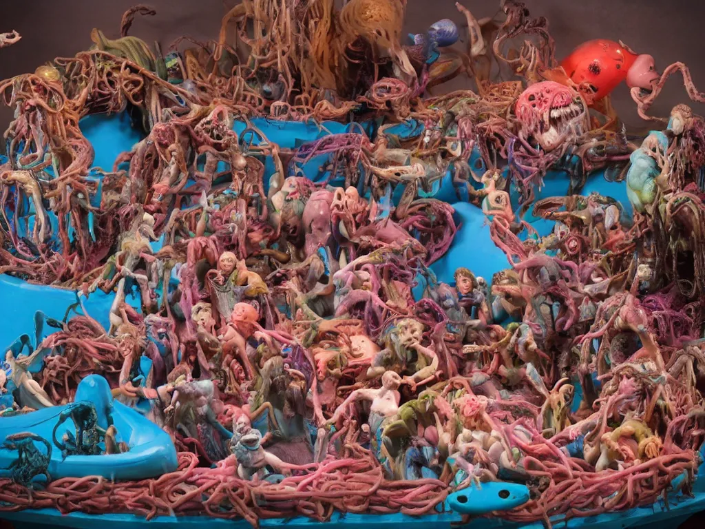 Image similar to diorama of the raft of the medusa as an animatronic schlock body horror comedy film, fun, animatronic figures, Sally Corporation, Garner Holt, play-doh, lurid, vivid colors, neon lights, rubber latex, realistic materials, fleshy, Cronenberg, Rick Baker, daylight, photo real, wet, slimy, wide angle, rule of thirds, 28mm, 1984, Eastman EXR 50D 5245/7245