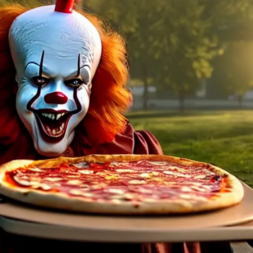 Image similar to A still of Pennywise eating a pizza, 4k, photograph, ultra realistic, highly detailed, studio lighting