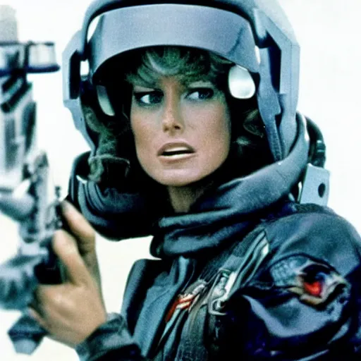 Prompt: movie still, 1 9 8 0 s, sci - fi farrah fawcett in combat suit, hyperdetailed, by ridley scott, john carpenter and vittorio storaro, blue lights