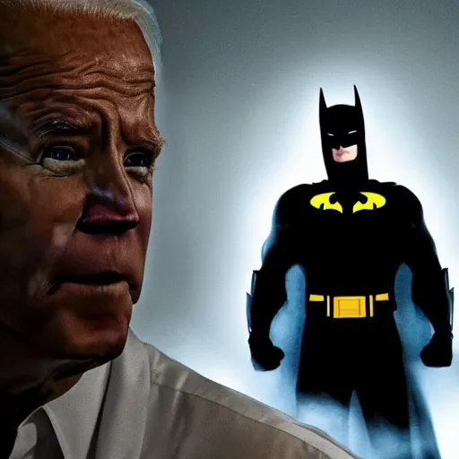 Prompt: joe biden as batman, movie still, cinematic lighting