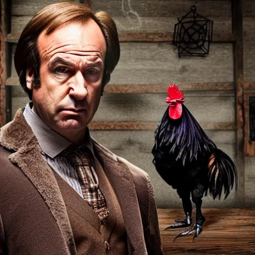 Image similar to saul goodman and a rooster in a medieval torture chamber, saw blades and knives in the background, horror movie, saul goodman, rooster!!!!!, real life photo, detailed face