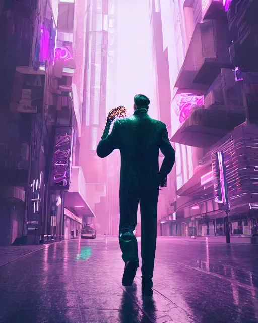 Image similar to a charismatic man in eagle costume walking in a cyberpunk city watching the purple sky, soft painting, futuristic, cyberpunk, perfectly shaded, octane render, illustration