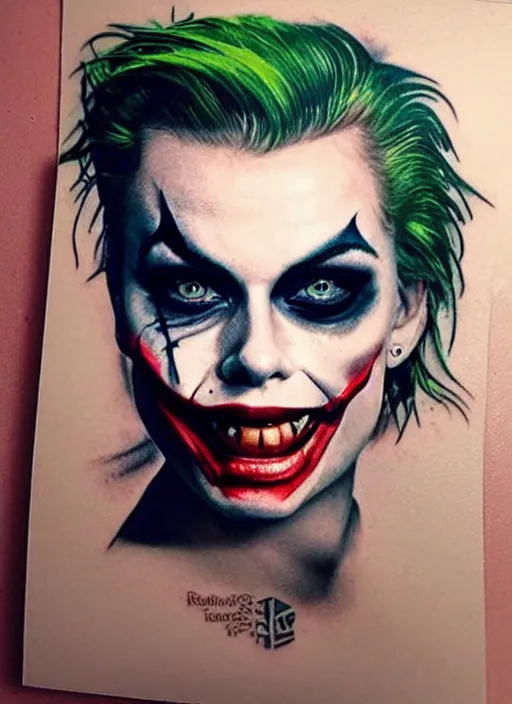 Image similar to tattoo design of margot robbie with joker makeup, ace card, realistic face, black and white, realism tattoo, hyper realistic, highly detailed