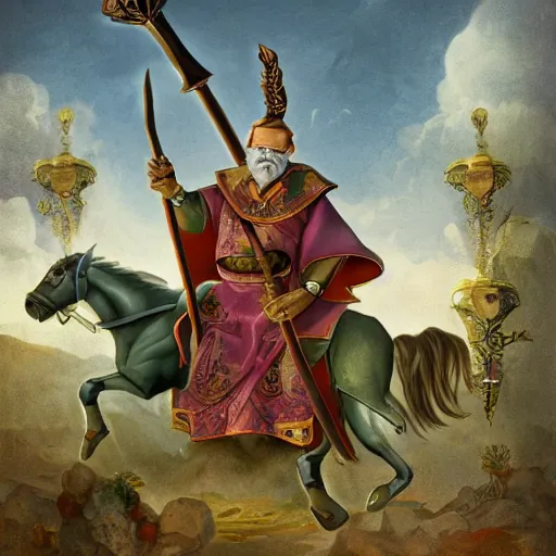 Prompt: a photo of an old man in a regal set of armor depicting a marijuana leaf on the chest. He is holding a mystic battle axe and he’s outside surrounded by horses