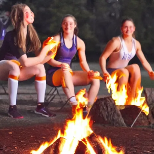 Prompt: college gymnasts at a campfire