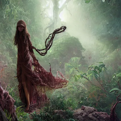 Image similar to beautiful banshee walks around Socotra among intertwining plants, flowers, trees and snags in a long transparent flowing dress and meets mystical animals, mystical insects, mystical birds, lizards, snakes, gorgeous, intricate, hypnotic dimensions, ruan jia, steve mccurry, Zdzislaw Beksinski style, sharp focus, intricate concept art, digital painting, ambient lighting, 4k, hdt, artstation trending on Gsociety, trending on ArtstationHQ, hyper quality, 16K