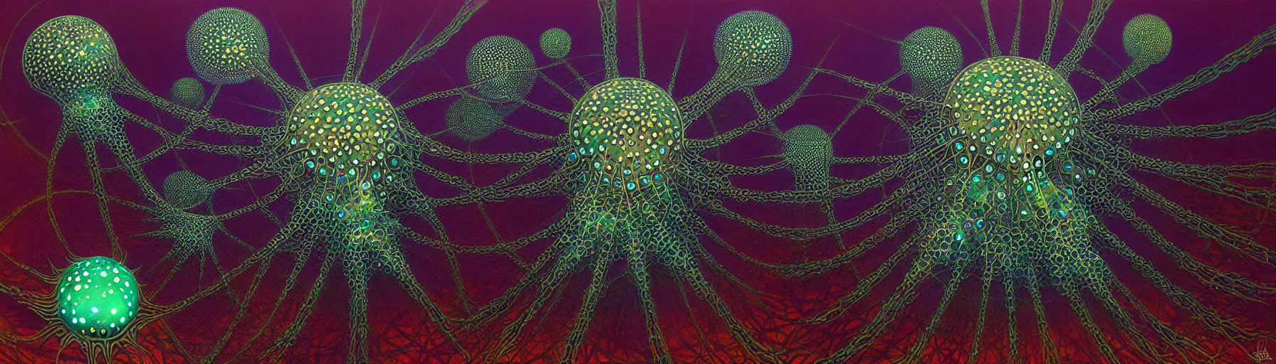 Prompt: strange radiolarian creatures from the depths of the collective unconscious, dramatic lighting, surreal darkly colorful painting by ronny khalil, illustrated by haeckel