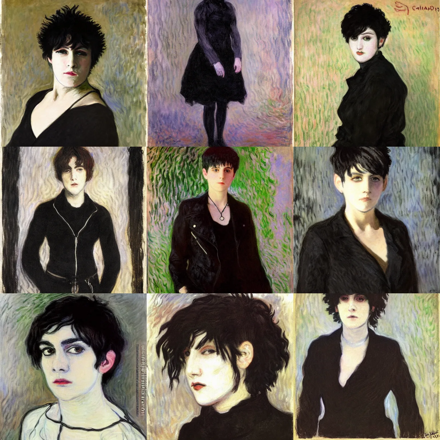 Prompt: an androgynous emo portrait by claude monet. her hair is dark brown and cut into a short, messy pixie cut. she has large entirely - black evil eyes. she is wearing a black tank top, a black leather jacket, a black knee - length skirt, a black choker, and black leather boots.