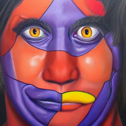 Image similar to A realistic painting of a human face, with a blue mouth, red nose, orange eyes, purple ears.