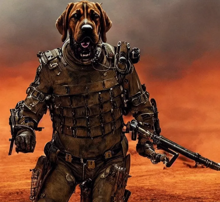 Prompt: a good ol'bloodhound pup fursona ( from the furry fandom ), heavily armed and armored facing down armageddon in a dark and gritty version from the makers of mad max : fury road. witness me.