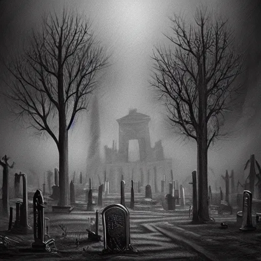 Prompt: an endless eerie graveyard with ancient ornate tombstones, misty, strands of fog, catacomb in background, frame is flanked by dark trees, creepy, night, finely detailed photorealistic black and white pencil drawing