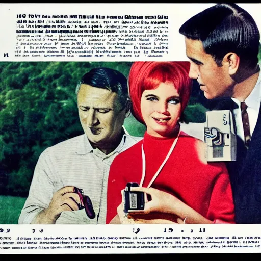 Image similar to 1 9 6 6 magazine ad with young lady holding a diy hf transceiver and surprised middle - aged man next to her, orwocolor