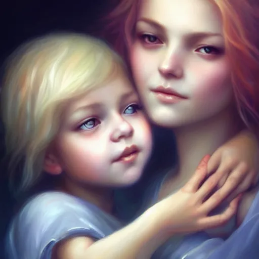 Image similar to love is patient love is kind, mother and child ; photorealistic oil painting by charlie bowater and mark blooms ; highly detailed cute faces by wlop ; trending on artstation