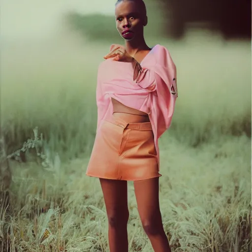 Image similar to realistic photoshoot for a new off-white lookbook, color film photography, portrait of a beautiful girl in style of tyler Mitchell, 35mm, graflex