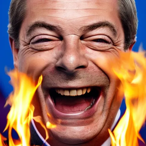 Image similar to nigel farage laughing holding burning eu flag, studio photograph, hd, studio