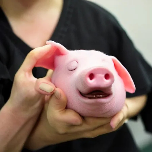 Prompt: inmate wearing cute mini pig head