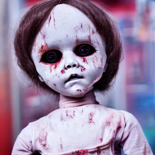 Image similar to this creepy doll has killed before and will kill again, horror, artstation, grainy, vhs, slightly out of focus, Dutch angle, gory