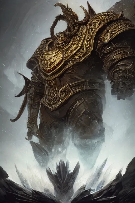 Image similar to a dungeons and dragons storm giant portrait, intricate ornate armor, subject in the middle of the frame, rule of thirds, golden ratio, elegant, digital painting, octane 4k render, zbrush, hyperrealistic, artstation, concept art, smooth, sharp focus, illustration from Warcraft by Ruan Jia and Mandy Jurgens and Artgerm and William-Adolphe Bouguerea