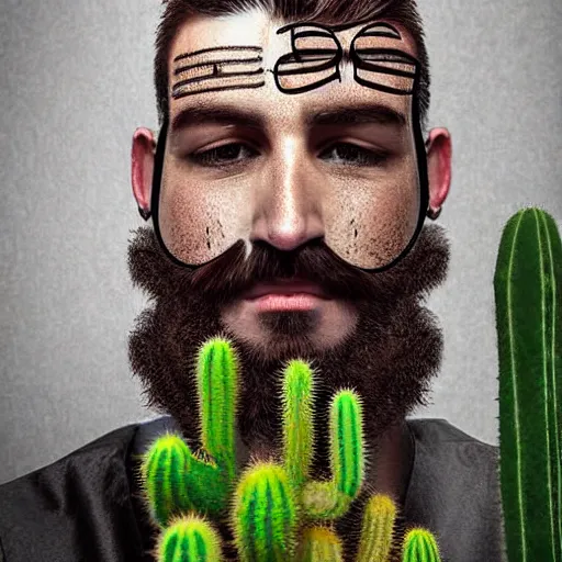 Image similar to cactus grown on man's face instead of beards, digital art, award winning