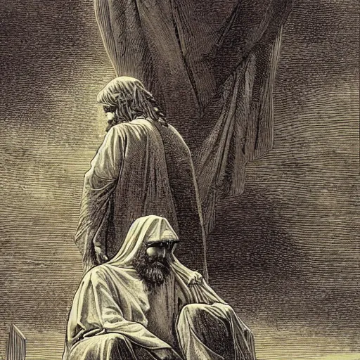 Image similar to god and jesus in the heavens, by moebius, colorful, by gustave dore