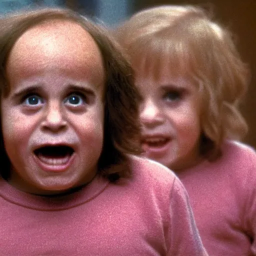 Prompt: A still of Danny Devito as the twins in The Shining (1980)