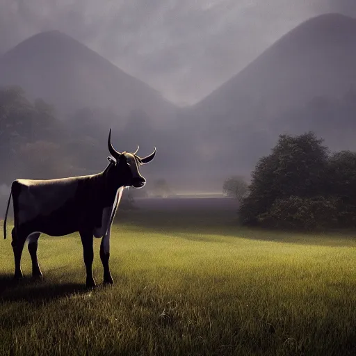 Prompt: a detailed matte landscape painting of a cow standing in a grassy field wearing a witch hat, cow wearing hat!!!! viewed in profile, fog and flying glowing moths in the background, black and blue color scheme with gold highlights, in the style of discworld and harry potter, 8 k, octane render