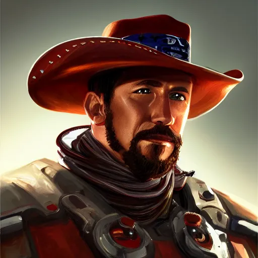 Prompt: a portrait of a ironman with a cowboy hat on with an American flag scarf, D&D, sci-fi, elegant, hopeful, muscular, highly detailed, digital painting, artstation, concept art, smooth, sharp focus, illustration