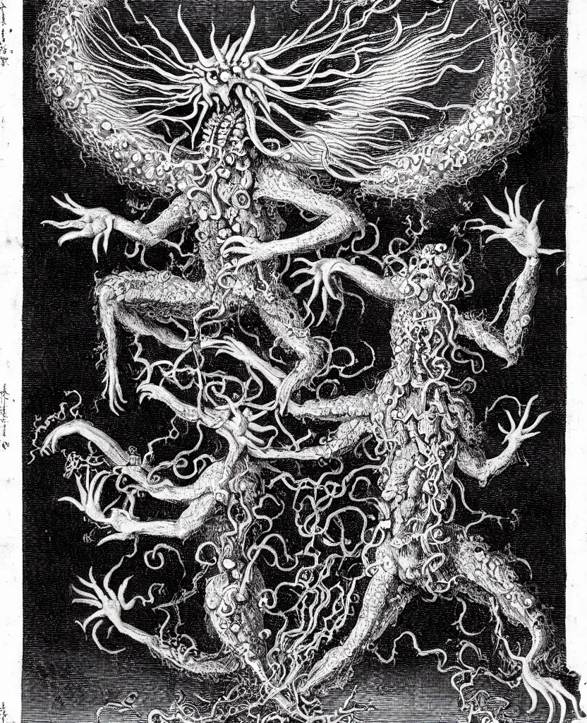 Prompt: fiery freaky whimsical monster creature sings a unique canto about'as above so below'being ignited by the spirit of haeckel and robert fludd, breakthrough is iminent, glory be to the magic within