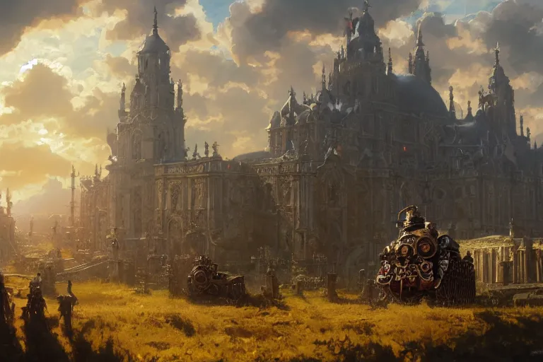 Prompt: an ornate baroque church with tank chains, mortal engines, scene in an open field. key visual, conceptart, ambient lighting, highly detailed, digital painting, artstation, concept art, sharp focus, by makoto shinkai and akihiko yoshida and greg manchess