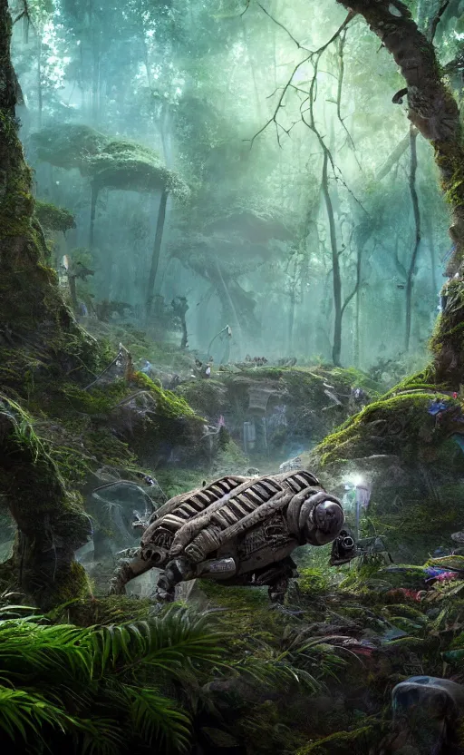 Image similar to microscopic tardigrade, microbiology, magical forest, ruins, civilization, mayan, futuristic, sharp focus, electric, backlight, furry, soft, concept art, intricate details, highly detailed, photorealistic, disney pixar, octane render, iridescent, global illumination, anime, 8 k