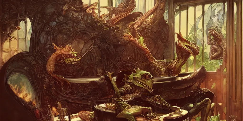 Prompt: lizardman lounging in a chair in front of an oven, fantasy, highly detailed, digital painting, concept art, matte, sharp focus, illustration by artgerm, art by greg rutkowski, art by alphonse mucha