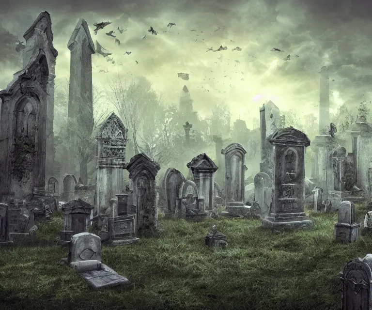 Image similar to a city of tombs and tombstones, graveyard landscape, inhabited by flying spirits, ghostly spirits, giant grave structures, giant tomb structures, dark fantasy, digital art, fantasy art