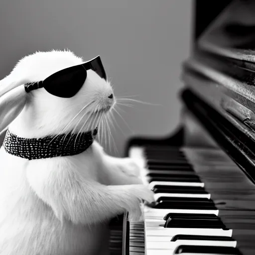 Prompt: a blind rabbit with sunglasses plays the piano in the style of ray charles. award winning photography, 5 0 mm. carrots and lettuce and small peas in the background