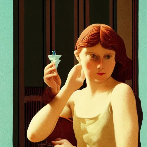 Image similar to close - up of a girl in a soviet room, film still by wes anderson, depicted by canova, limited color palette, very intricate, art nouveau, highly detailed, lights by hopper, soft pastel colors, minimalist