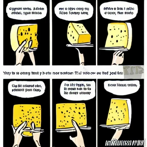 Image similar to a comic strip with 4 panels about cheese