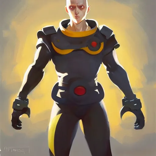 Image similar to Greg Manchess portrait painting of Saitama as Overwatch character, medium shot, asymmetrical, profile picture, Organic Painting, sunny day, Matte Painting, bold shapes, hard edges, street art, trending on artstation, by Huang Guangjian and Gil Elvgren and Sachin Teng